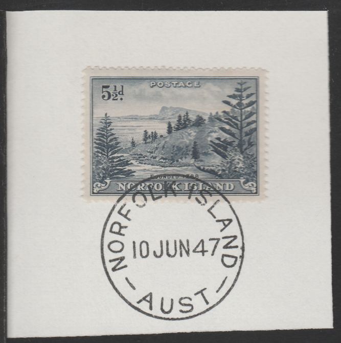 Norfolk Island 1947 Ball Bay 5.5d (SG 8) on piece with full strike of Madame Joseph forged postmark type 306, stamps on tourism
