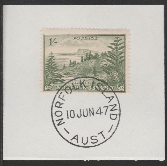 Norfolk Island 1947 Ball Bay 1s (SG 11) on piece with full strike of Madame Joseph forged postmark type 306, stamps on tourism