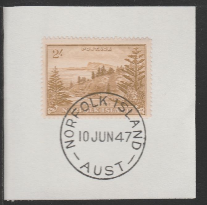 Norfolk Island 1947 Ball Bay 2s (SG 12) on piece with full strike of Madame Joseph forged postmark type 306, stamps on tourism