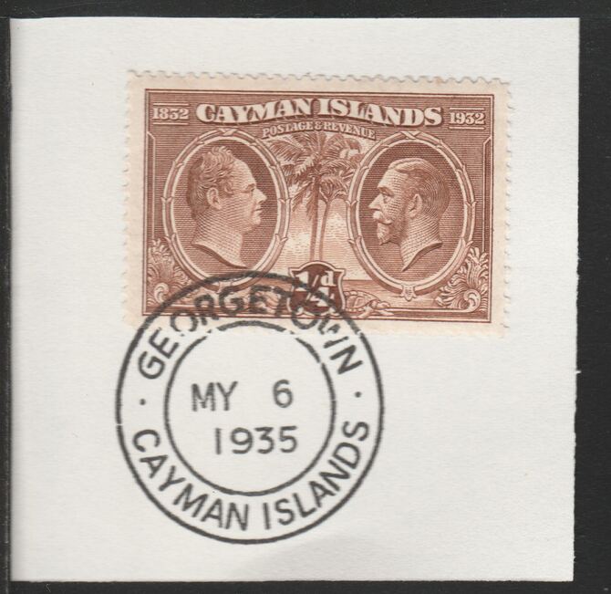 Cayman Islands 1932 Centenary 1/4d brown (SG84) on piece with full strike of Madame Joseph forged postmark type 114, stamps on 