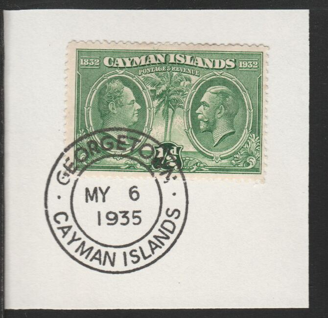 Cayman Islands 1932 Centenary 1/2d green (SG85) on piece with full strike of Madame Joseph forged postmark type 114, stamps on 