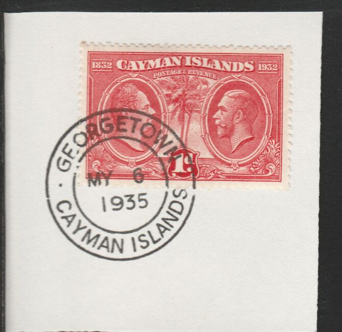 Cayman Islands 1932 Centenary 1d scarlet (SG86) on piece with full strike of Madame Joseph forged postmark type 114, stamps on 