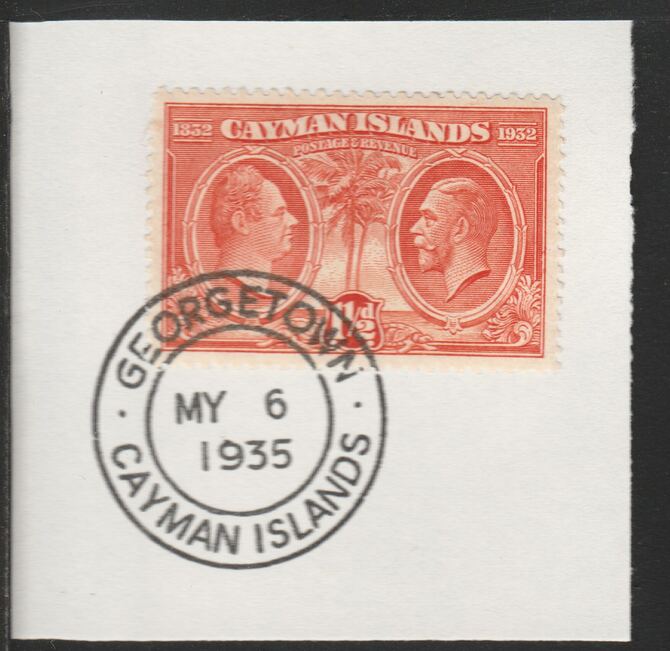 Cayman Islands 1932 Centenary 1.5d red-orange (SG87) on piece with full strike of Madame Joseph forged postmark type 114, stamps on 