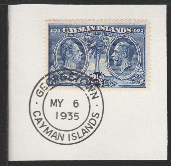 Cayman Islands 1932 Centenary 2.5d ultramarine (SG89) on piece with full strike of Madame Joseph forged postmark type 114, stamps on 