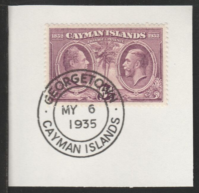 Cayman Islands 1932 Centenary 6d purple (SG91) on piece with full strike of Madame Joseph forged postmark type 114, stamps on 