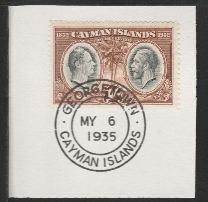 Cayman Islands 1932 Centenary 1s black & brown (SG92) on piece with full strike of Madame Joseph forged postmark type 114, stamps on 