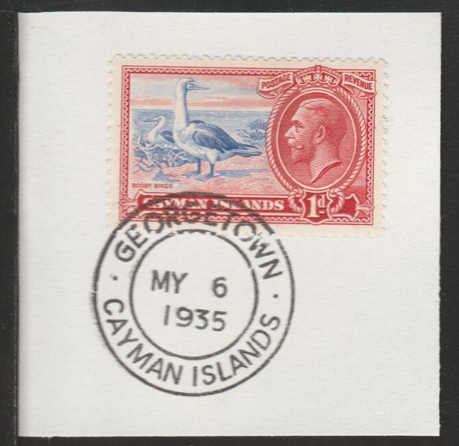 Cayman Islands 1935 KG5 Pictorial 1d Red-Footed Booby (SG98) on piece with full strike of Madame Joseph forged postmark type 114, stamps on birds
