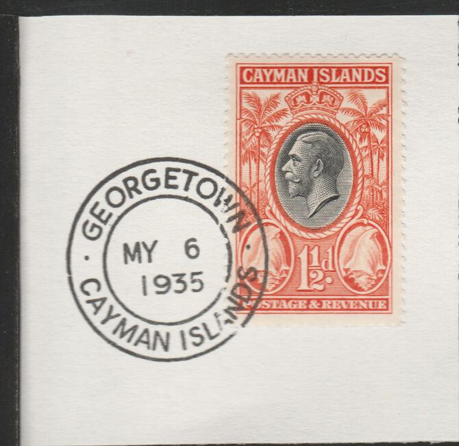 Cayman Islands 1935 KG5 Pictorial 1.5d Conch Shell (SG99) on piece with full strike of Madame Joseph forged postmark type 114, stamps on shells