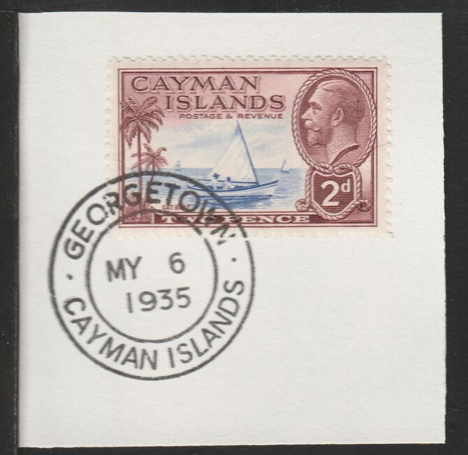Cayman Islands 1935 KG5 Pictorial 2d Cat Boat (SG100) on piece with full strike of Madame Joseph forged postmark type 114, stamps on sailing