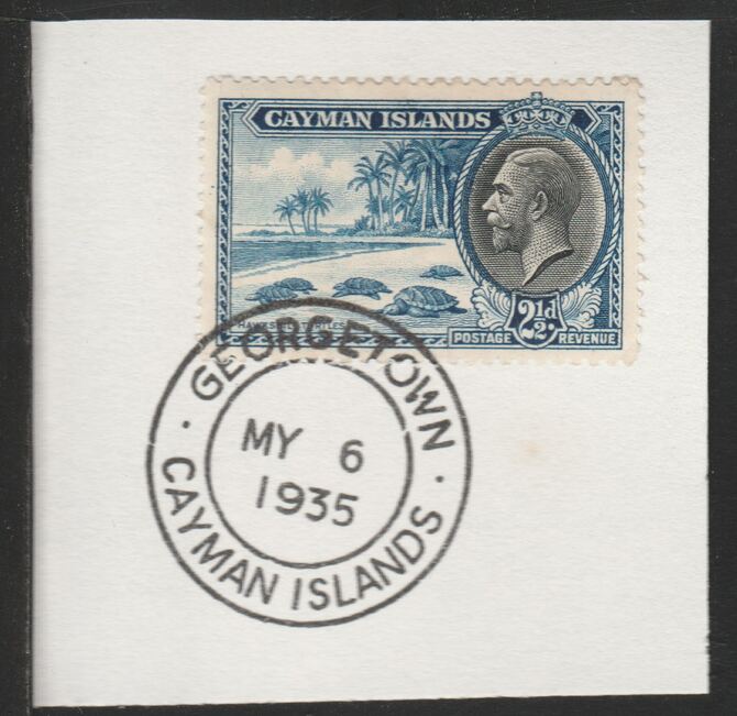 Cayman Islands 1935 KG5 Pictorial 2.5d Hawksbill Turtles (SG101) on piece with full strike of Madame Joseph forged postmark type 114, stamps on turtles