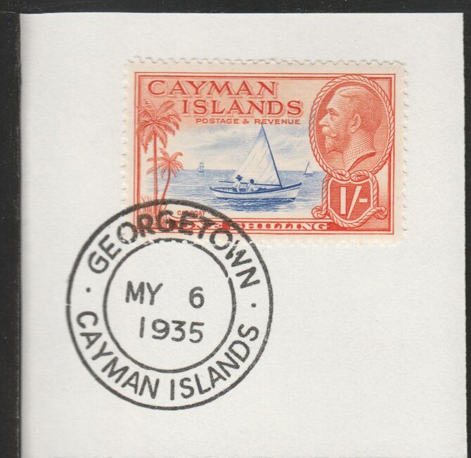 Cayman Islands 1935 KG5 Pictorial 1s Cat Boat (SG104) on piece with full strike of Madame Joseph forged postmark type 114, stamps on sailing