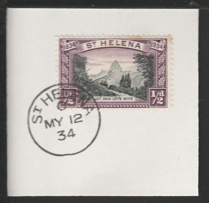 St Helena 1934 Centenary 1/2d (SG114) on piece with full strike of Madame Joseph forged postmark type 340, stamps on 
