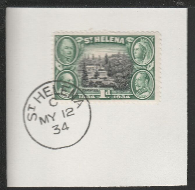 St Helena 1934 Centenary 1d (SG115) on piece with full strike of Madame Joseph forged postmark type 340, stamps on 