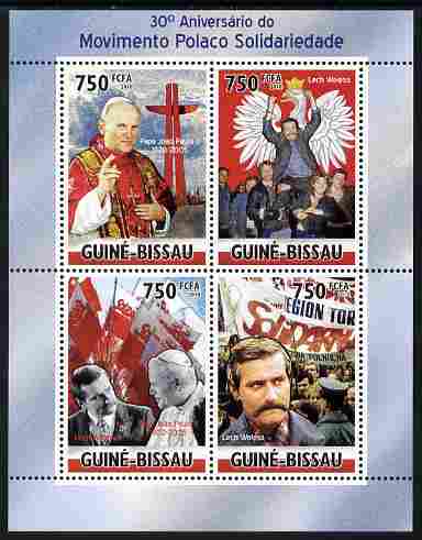 Guinea - Bissau 2010  30th Anniversary of Polish Solidarity Movement - Pope & Lech Walesa perf sheetlet containing 4 values unmounted mint , stamps on personalities, stamps on peace, stamps on pope, stamps on nobel