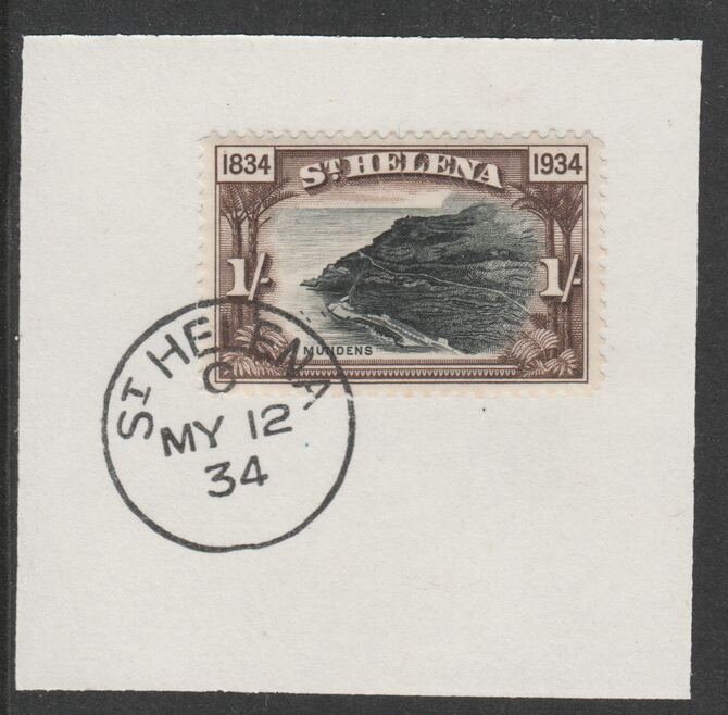 St Helena 1934 Centenary 1s (SG120) on piece with full strike of Madame Joseph forged postmark type 340, stamps on 