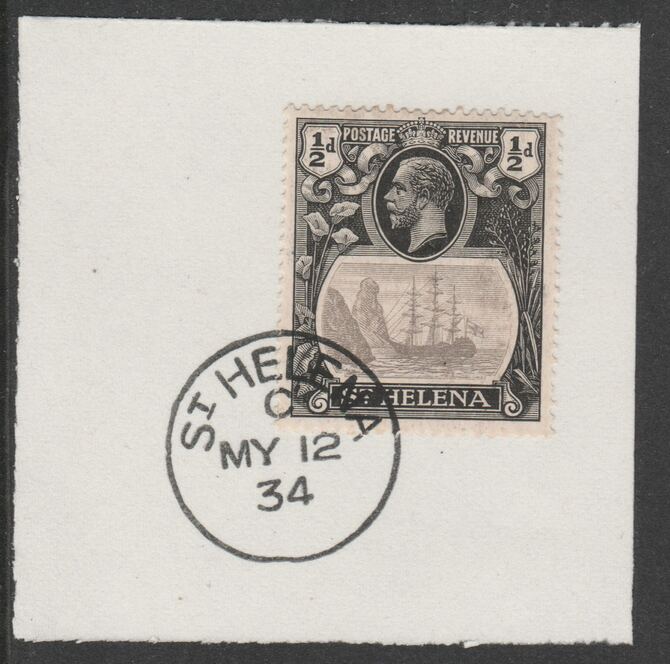 St Helena 1922-37 KG5 Badge Issue 1/2d (SG97) on piece with full strike of Madame Joseph forged postmark type 340, stamps on , stamps on  stamps on kg5 , stamps on  stamps on ships, stamps on  stamps on 