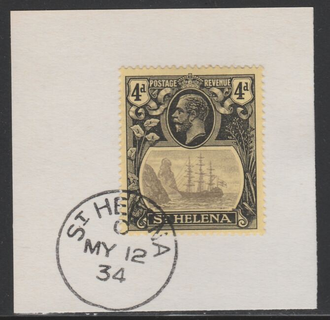 St Helena 1922-37 KG5 Badge Issue 4d (SG92) on piece with full strike of Madame Joseph forged postmark type 340, stamps on kg5 , stamps on ships, stamps on 