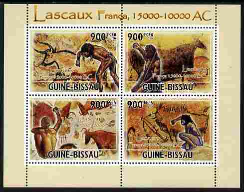 Guinea - Bissau 2010 Lascaux Cave Paintings perf sheetlet containing 4 values unmounted mint , stamps on arts, stamps on dinosaurs, stamps on caves, stamps on animals, stamps on hunting