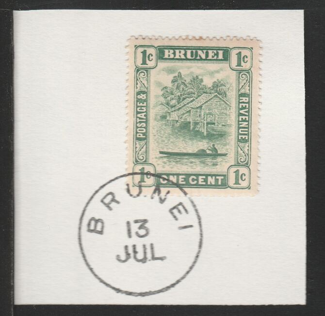 Brunei 1908 River Scene 1c green (SG34/5) on piece with full strike of Madame Joseph forged postmark type 104, stamps on rivers