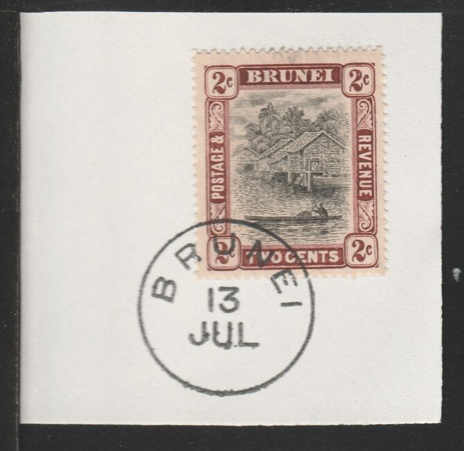 Brunei 1908 River Scene 2c black & brown (SG36) on piece with full strike of Madame Joseph forged postmark type 104, stamps on rivers