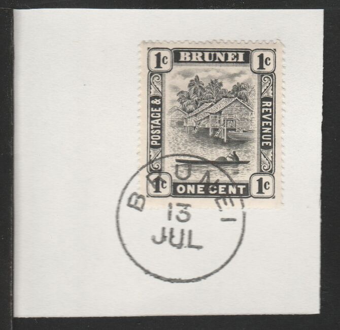 Brunei 1924 River Scene 1c black (SG60) on piece with full strike of Madame Joseph forged postmark type 104, stamps on rivers
