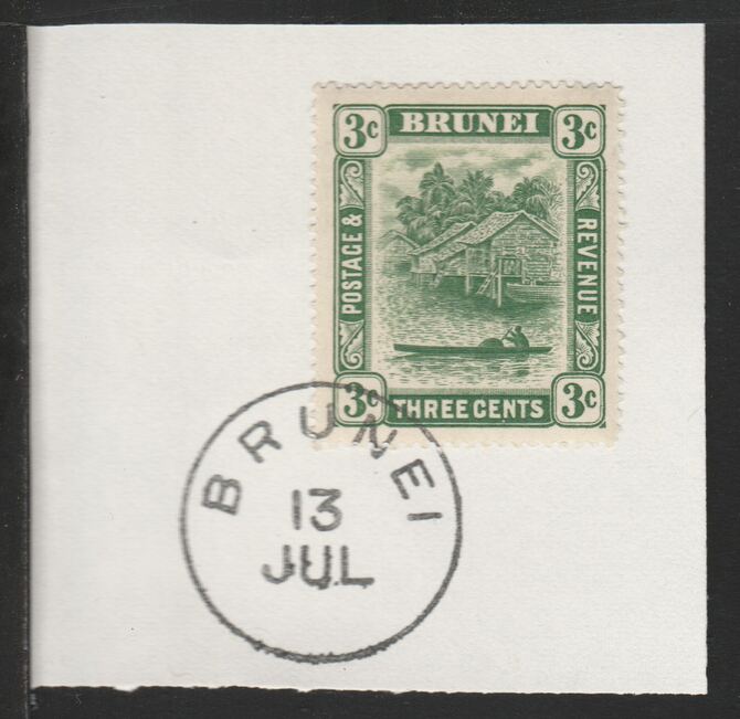 Brunei 1924 River Scene 3c green (SG63) on piece with full strike of Madame Joseph forged postmark type 104, stamps on rivers