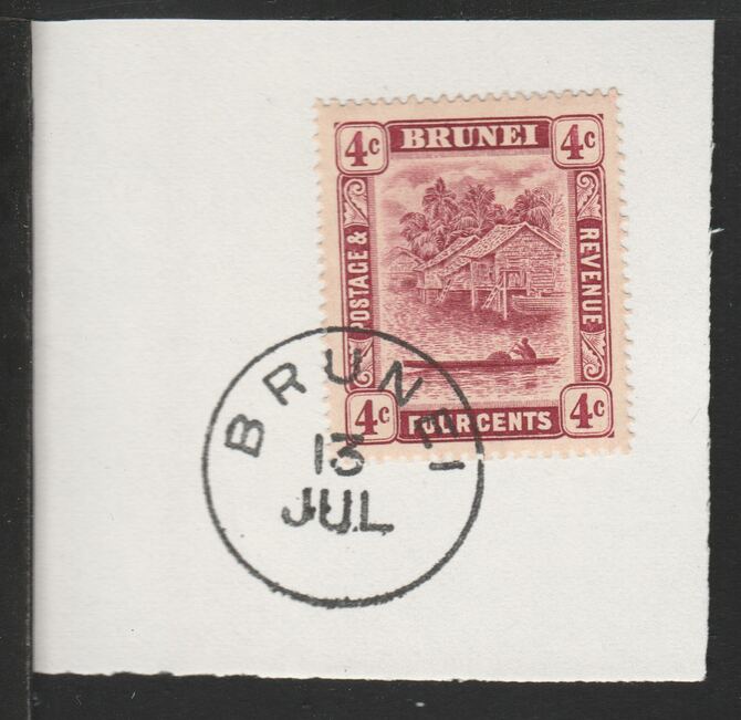 Brunei 1924 River Scene 4c maroom (SG64) on piece with full strike of Madame Joseph forged postmark type 104, stamps on rivers