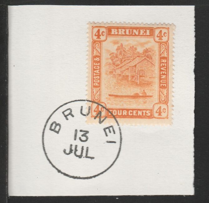 Brunei 1924 River Scene 4c orange (SG65) on piece with full strike of Madame Joseph forged postmark type 104, stamps on rivers