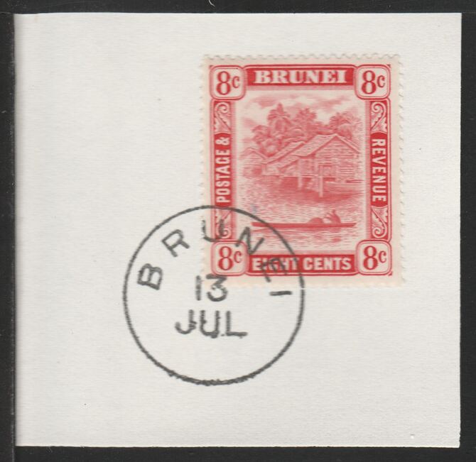 Brunei 1947 River Scene 8c scarlet (SG84) on piece with full strike of Madame Joseph forged postmark type 104, stamps on rivers