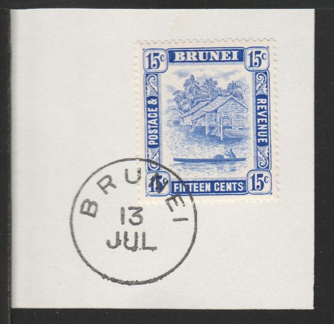 Brunei 1947 River Scene 15c ultramarine (SG86) on piece with full strike of Madame Joseph forged postmark type 104, stamps on rivers
