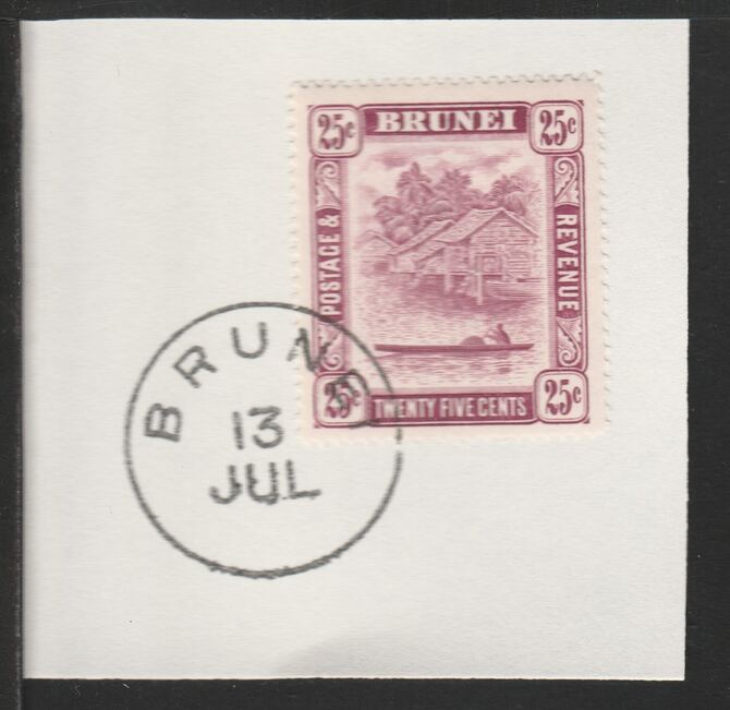 Brunei 1947 River Scene 25c claret (SG87) on piece with full strike of Madame Joseph forged postmark type 104, stamps on rivers