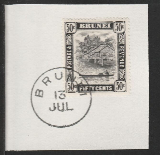 Brunei 1947 River Scene 50c black (SG89) on piece with full strike of Madame Joseph forged postmark type 104, stamps on rivers