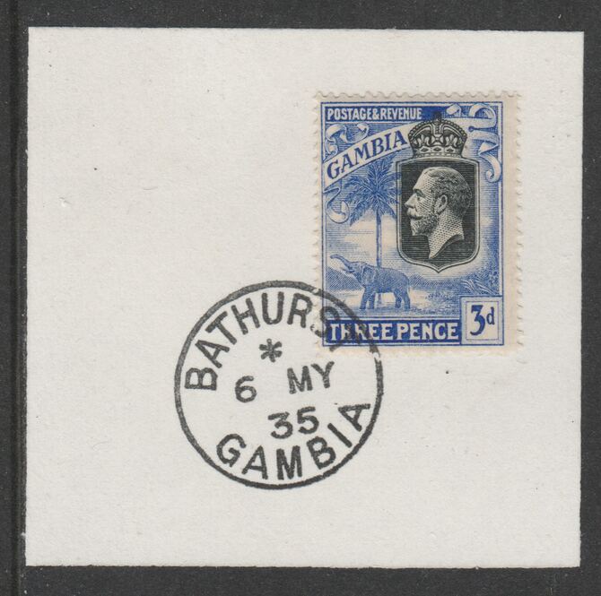 Gambia 1922-29 KG5 Elephant & Palms 3d (SG128) on piece with full strike of Madame Joseph forged postmark type 172                     , stamps on elephants, stamps on  kg5 , stamps on trees