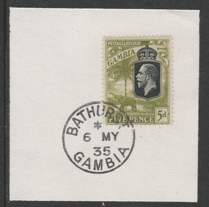 Gambia 1922-29 KG5 Elephant & Palms 5d (SG130) on piece with full strike of Madame Joseph forged postmark type 172                     , stamps on , stamps on  stamps on elephants, stamps on  stamps on  kg5 , stamps on  stamps on trees