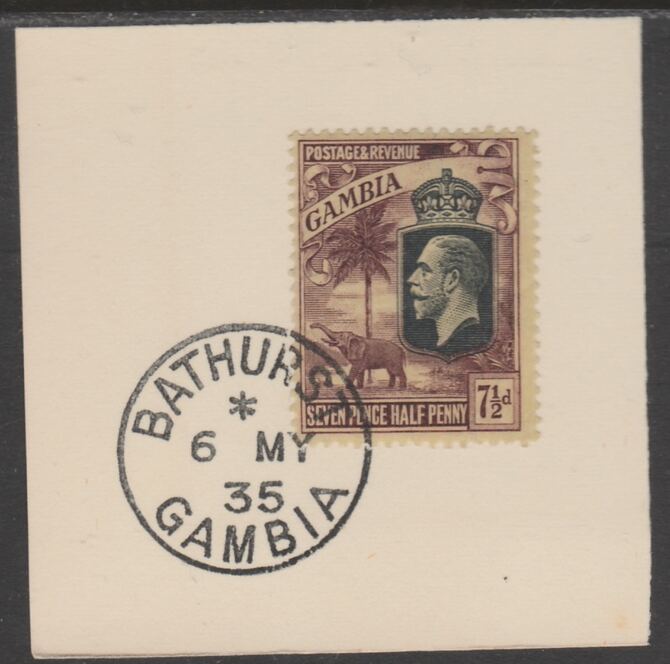 Gambia 1922-29 KG5 Elephant & Palms 7.5d on piece with full strike of Madame Joseph forged postmark type 172, stamps on , stamps on  stamps on elephants, stamps on  stamps on  kg5 , stamps on  stamps on trees