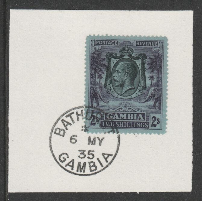 Gambia 1922-29 KG5 Elephant & Palms 2s (SG136) on piece with full strike of Madame Joseph forged postmark type 172, stamps on elephants, stamps on  kg5 , stamps on trees