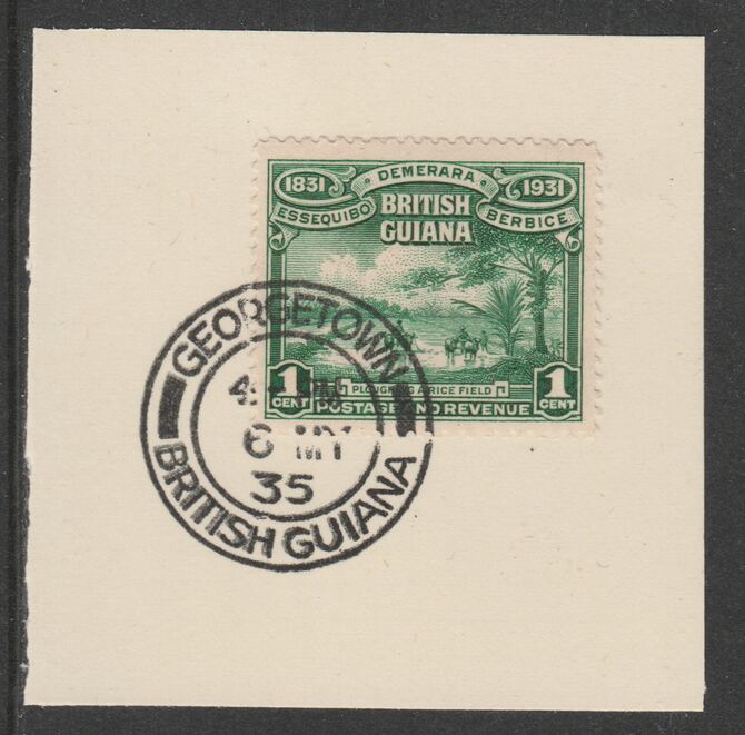 British Guiana 1931 KG5 Centenary 1c emerald (SG283) on piece with full strike of Madame Joseph forged postmark type 69, stamps on , stamps on  kg5 , stamps on ploughing, stamps on  rice