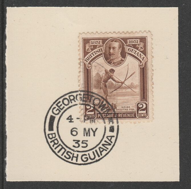 British Guiana 1931 KG5 Centenary 2c brown (SG284) on piece with full strike of Madame Joseph forged postmark type 69, stamps on fishing, stamps on archery, stamps on  kg5 , stamps on 