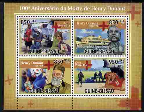 Guinea - Bissau 2010 Death Centenary of Henry Dunant perf sheetlet containing 4 values unmounted mint , stamps on personalities, stamps on dunant, stamps on red cross, stamps on ships, stamps on aviation, stamps on dogs