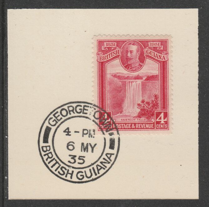 British Guiana 1931 KG5 Centenary 4c carmine (SG285) on piece with full strike of Madame Joseph forged postmark type 69, stamps on , stamps on  stamps on waterfalls, stamps on  stamps on  kg5 , stamps on  stamps on 