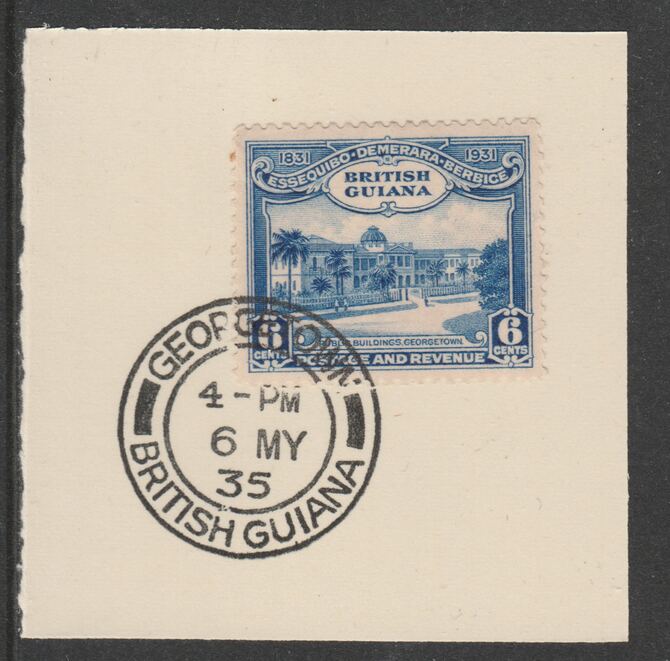 British Guiana 1931 KG5 Centenary 6c blue (SG286) on piece with full strike of Madame Joseph forged postmark type 69, stamps on , stamps on  kg5 , stamps on 