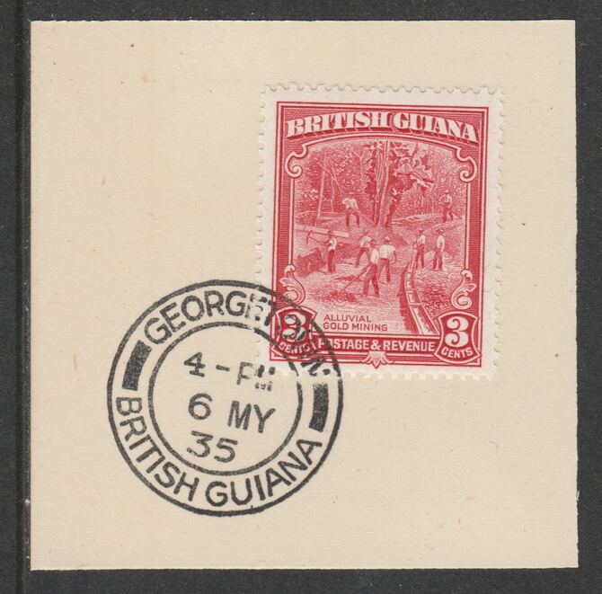 British Guiana 1934-51 KG5 Pictorial 3c scarlet (SG290) on piece with full strike of Madame Joseph forged postmark type 69, stamps on , stamps on  kg5 , stamps on gold, stamps on mining