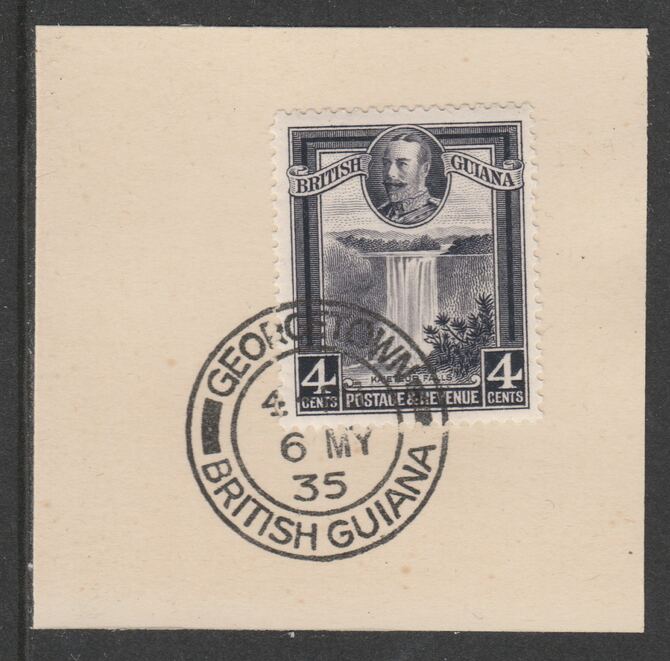 British Guiana 1934-51 KG5 Pictorial 4c slate-violet (SG291) on piece with full strike of Madame Joseph forged postmark type 69, stamps on , stamps on  kg5 , stamps on waterfalls