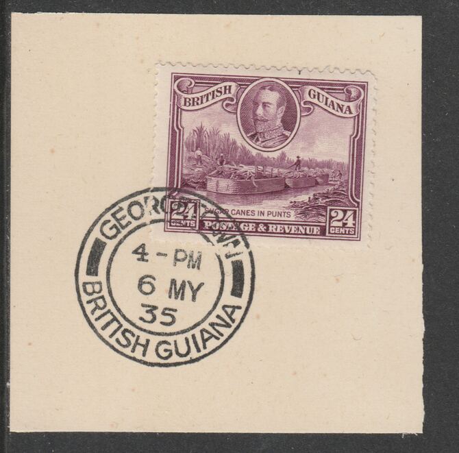 British Guiana 1934-511 KG5 Pictorial 24c purple (SG294) on piece with full strike of Madame Joseph forged postmark type 69, stamps on , stamps on  kg5 , stamps on sugar