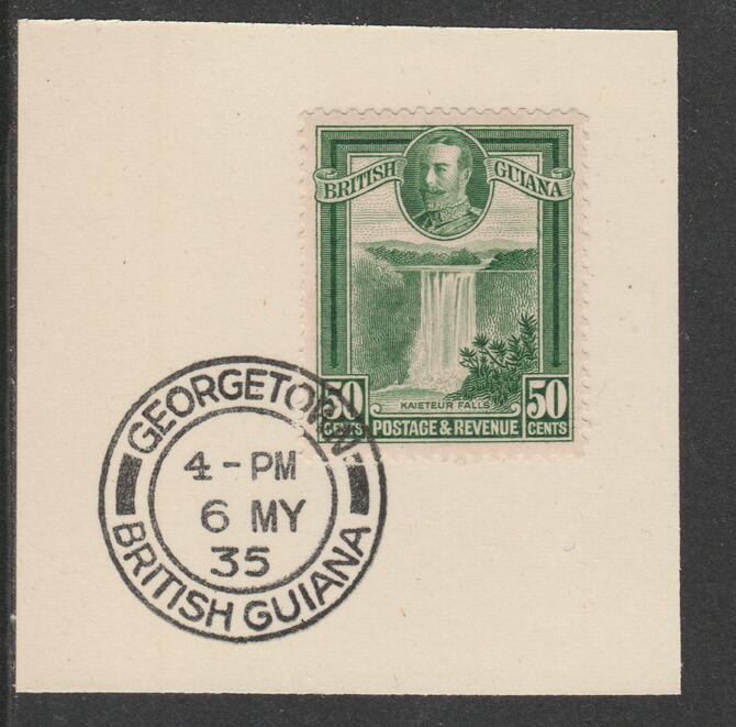 British Guiana 1934-511 KG5 Pictorial 50c green (SG296) on piece with full strike of Madame Joseph forged postmark type 69, stamps on , stamps on  kg5 , stamps on waterfalls