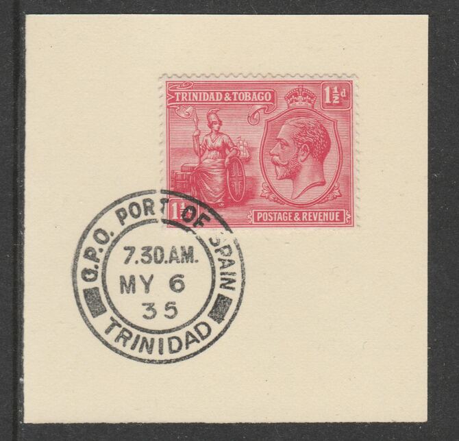 Trinidad & Tobago 1922-28 KG5  & Britannia 1.5d (SG220) on piece with full strike of Madame Joseph forged postmark type 421, stamps on , stamps on  kg5 , stamps on britannia