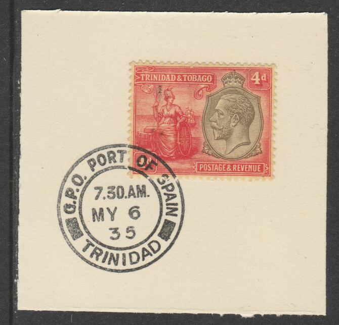 Trinidad & Tobago 1922-28 KG5  & Britannia 4d Script (SG224) on piece with full strike of Madame Joseph forged postmark type 421, stamps on , stamps on  kg5 , stamps on britannia