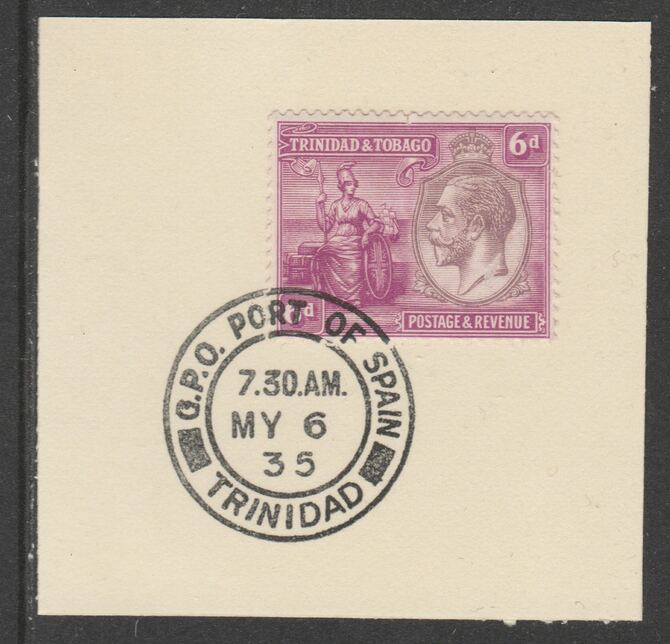 Trinidad & Tobago 1922-28 KG5  & Britannia 6d purple & magenta (SG225) on piece with full strike of Madame Joseph forged postmark type 421, stamps on , stamps on  kg5 , stamps on britannia