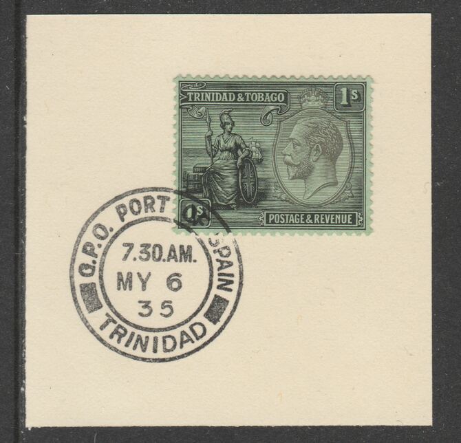 Trinidad & Tobago 1922-28 KG5  & Britannia 1s Script (SG227) on piece with full strike of Madame Joseph forged postmark type 421, stamps on , stamps on  kg5 , stamps on britannia