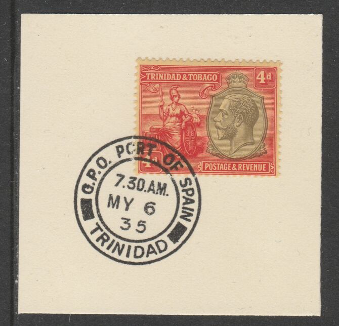Trinidad & Tobago 1922-28 KG5  & Britannia 4d MCA (SG216) on piece with full strike of Madame Joseph forged postmark type 421, stamps on , stamps on  kg5 , stamps on britannia